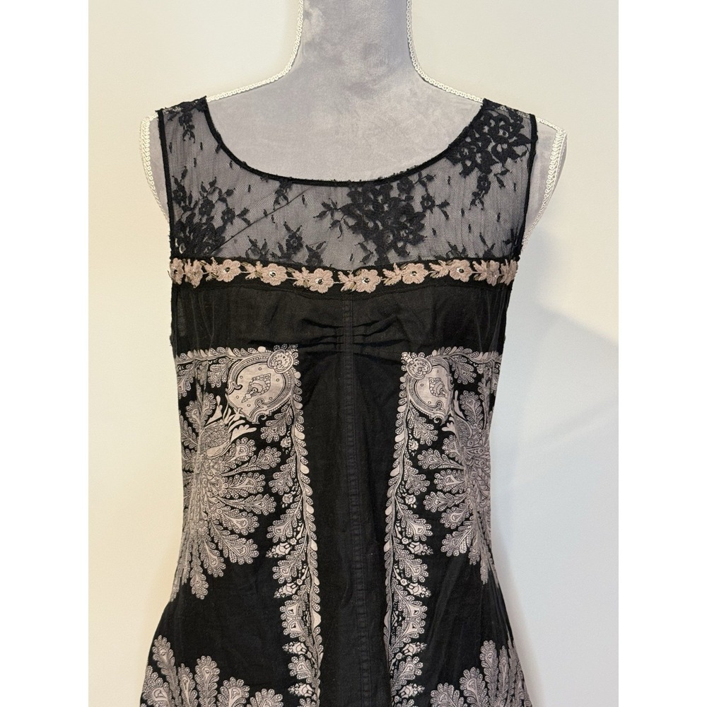 FREE People Linen Blend Black Taupe Embroidered Peacock Mini Boho Dress Sz 12 - Picture 3 of 10